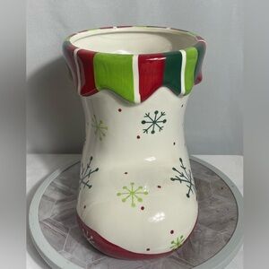Large Ceramic Christmas Boot Vase Planter Snowflake Red Green 10” Tall